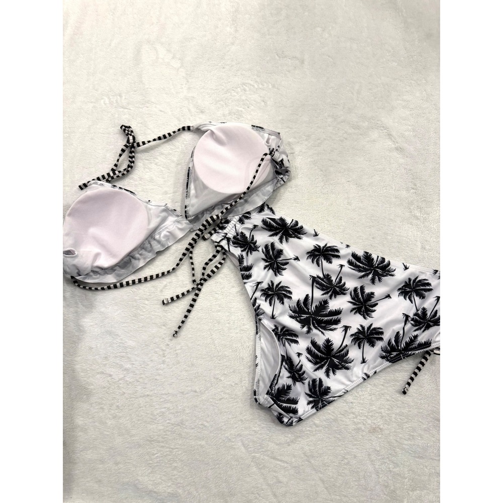 Palm Tree Print High Waisted Bikini Set Black White‎ 3XL Triangle Halter 2 Piece - Picture 4 of 5